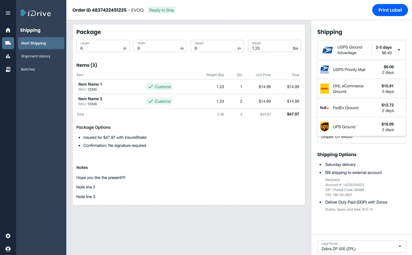 iDrive shipping screen comparing USPS, DHL eCommerce, FedEx and UPS rates and delivery times for an order