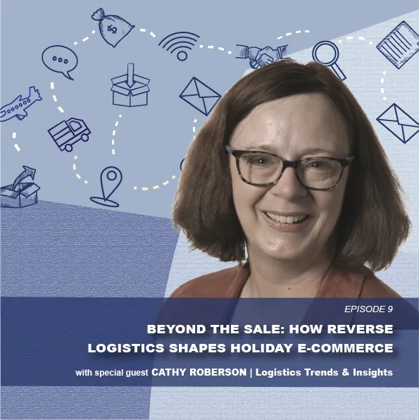 Woman with glasses smiling in front of illustrated background related to reverse logistics
