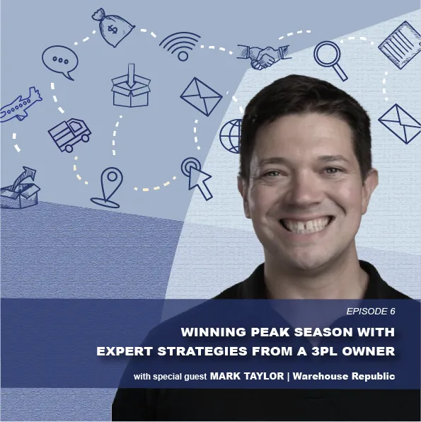 Smiling man in front of eCommerce logistics icons for podcast on winning peak season with a 3PL owner.