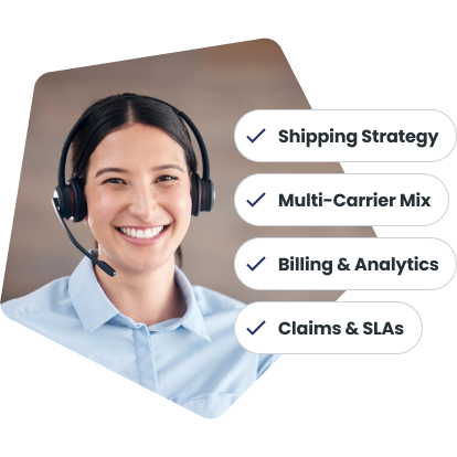 Someone with a headset showing they can help with shipping strategy, multi-carrier mix, and more